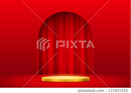 3D luxury golden podium, red curtain in arch of doorway vector illustration. Realistic showcase pedestal for premium beauty products presentation, empty stage with platform and niche in wall 3D luxury golden podium, red curtain in arch of doorway vector illustration. Realistic showcase pedestal for premium beauty products presentation, empty stage with platform and niche in wall 115935350