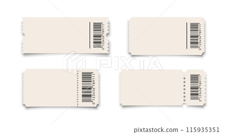 Theater, cinema ticket realistic vector template. Coupon, discount voucher with barcode mockup. Movie, raffle, carnival blank ticket with barcode and text space. Concert, event, festival paper admit Theater, cinema ticket realistic vector template. Coupon, discount voucher with barcode mockup. Movie, raffle, carnival blank ticket with barcode and text space. Concert, event, festival paper admit 115935351