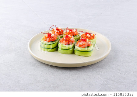 Sushi roll (Philadelphia) with salmon, prawn, avocado, cream cheese on black background. Sushi menu. Japanese food. Sushi roll (Philadelphia) with salmon, prawn, avocado, cream cheese on black background. Sushi menu. Japanese food. 115935352