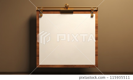 A vintage-style menu or sign with a wooden frame is hung on a wall using a golden binder clip 115935511