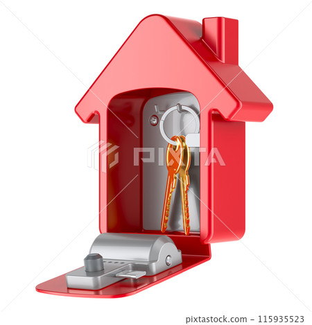 Opened security lock box with digit code and keys inside, for storage and transfer of keys. House shaped. 3D rendering 115935523