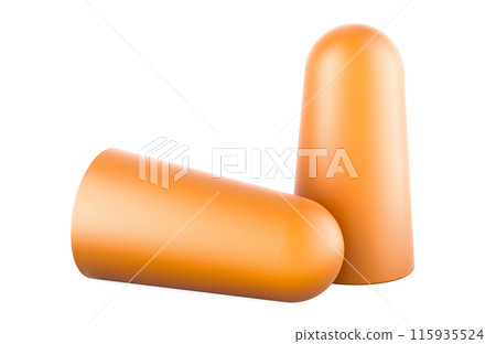 Orange Disposable Earplugs. Pair of Soft PU Foam Bullet Earplugs. 3D rendering Orange Disposable Earplugs. Pair of Soft PU Foam Bullet Earplugs. 3D rendering 115935524
