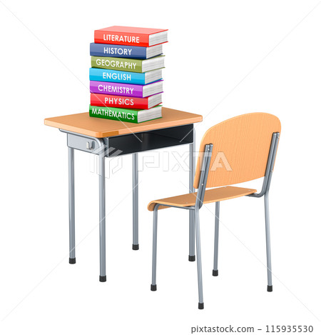 School desk with stack of textbooks, 3D rendering 115935530