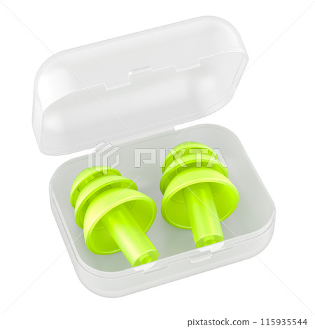 Ear Plugs for Sleep Soft Silicone Reusable, Earplugs for Sleeping Noise Cancelling in the plastic case. 3D rendering Ear Plugs for Sleep Soft Silicone Reusable, Earplugs for Sleeping Noise Cancelling in the plastic case. 3D rendering 115935544