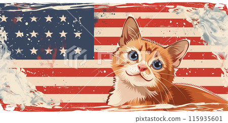Veterinarian Independence Day. We are closed on Independence Day! Illustration of red cat and the USA flag on the background. Banner, copy space, text space. Generative AI 115935601