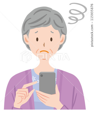 Elderly woman operating a smartphone: I don't know how to use it, I'm in trouble Elderly woman operating a smartphone: I don't know how to use it, I'm in trouble 115935876