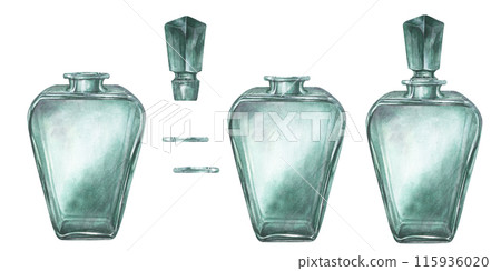 Green vintage glass universal bottle with glass stopper. Watercolor illustration for template design of vase, liqueur, amaretto, perfume, oil, liquid, aromatherapy, drinks, alcohol, alchemy, magic Green vintage glass universal bottle with glass stopper. Watercolor illustration for template design of vase, liqueur, amaretto, perfume, oil, liquid, aromatherapy, drinks, alcohol, alchemy, magic 115936020