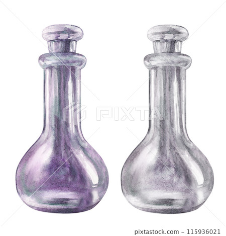Vintage glass universal bottle with glass stopper. Watercolor illustration for template design of vase, liqueur, amaretto, perfume, oil, liquid, aromatherapy, drinks, alcohol, alchemy, magic, cooking. 115936021