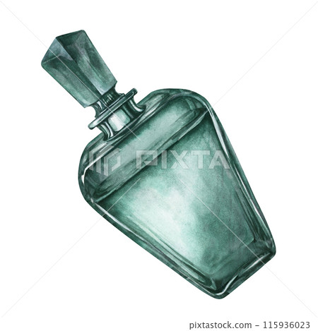 Green vintage glass universal bottle with glass stopper. Watercolor illustration for template design of vase, liqueur, amaretto, perfume, oil, liquid, aromatherapy, drinks, alcohol, alchemy, magic 115936023