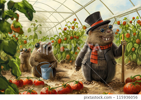 A cheerful illustration of moles stealing tomatoes in a greenhouse, a mole wearing sunglasses, a top hat and a red scarf, a postcard about agriculture and a local farm during the harvest. 115936056