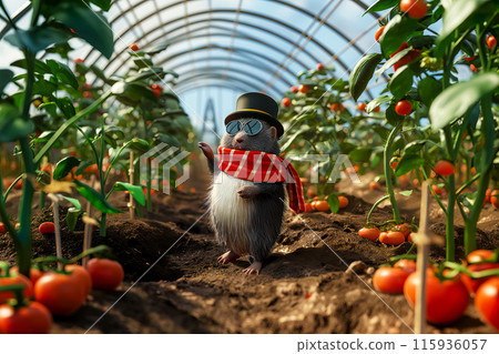 3D illustration of a mole in a greenhouse, a mole dressed in sunglasses, a bowler hat and a red scarf, checking the tomato harvest, a postcard about agriculture and local farm 115936057
