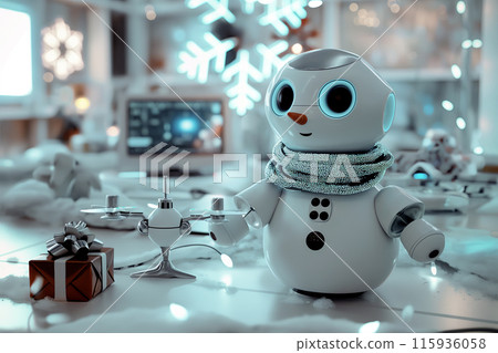 Futuristic office, decorated for New Year and Christmas, table. decorated with a robot snowman with LED eyes, idea for a New Year's card Futuristic office, decorated for New Year and Christmas, table. decorated with a robot snowman with LED eyes, idea for a New Year's card 115936058