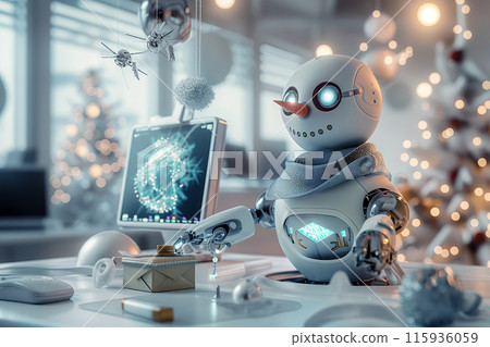 Futuristic scene with robot snowman with LED eyes on table in futuristic office decorated for Christmas, idea for New Year card Futuristic scene with robot snowman with LED eyes on table in futuristic office decorated for Christmas, idea for New Year card 115936059