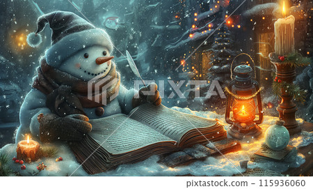 A snowman writes wishes for a Merry Christmas in a book with a quill pen, there are candles on the table, a lot of snowflakes are spinning around the snowman, an idea for a card in retro style 115936060