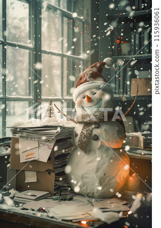 Vertical card with a snowman dancing on the table in the accounting department under the falling Christmas snow creating a cheerful New Year's mood Vertical card with a snowman dancing on the table in the accounting department under the falling Christmas snow creating a cheerful New Year's mood 115936061