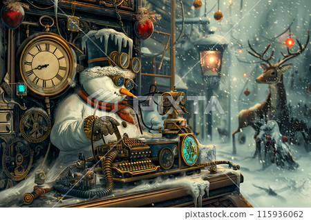 Idea for retro card with steampunk style snowman tinkering with retro futuristic computer, poster idea for festive mood for New Year or Christmas 115936062