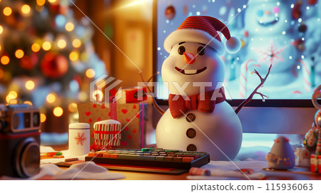 A snowman wearing a red bow tie and cap stands on a desk, creating a fun workspace, fun Christmas card idea. A snowman wearing a red bow tie and cap stands on a desk, creating a fun workspace, fun Christmas card idea. 115936063