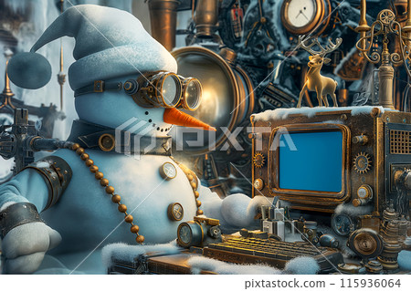 Snowman in steampunk style tinkering with a retro futuristic computer, idea for a postcard for the festive mood of New Year's Eve or Christmas, space for text Snowman in steampunk style tinkering with a retro futuristic computer, idea for a postcard for the festive mood of New Year's Eve or Christmas, space for text 115936064