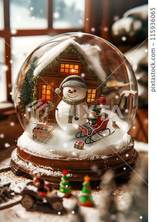 A Christmas snow globe with a snowman, a Christmas sleigh stands on the desktop against the background of a window with a winter view of the park, a vertical greeting card A Christmas snow globe with a snowman, a Christmas sleigh stands on the desktop against the background of a window with a winter view of the park, a vertical greeting card 115936065