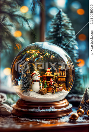 A vertical poster with an image of a snow globe with a snowman, a Christmas sleigh and a Christmas tree stands on the desktop, a postcard for Merry Christmas. A vertical poster with an image of a snow globe with a snowman, a Christmas sleigh and a Christmas tree stands on the desktop, a postcard for Merry Christmas. 115936066
