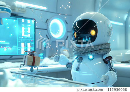 Idea for New Year's card, cyber snowman working as a programmer at a desk in a futuristic office, sending Merry Christmas greetings using drones Idea for New Year's card, cyber snowman working as a programmer at a desk in a futuristic office, sending Merry Christmas greetings using drones 115936068