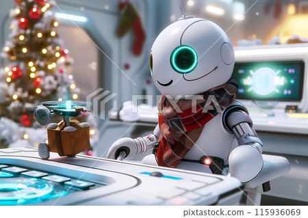 Robot snowman with LED eyes and scarf working as a programmer at a desk in a futuristic office sends Merry Christmas greetings using drones 115936069