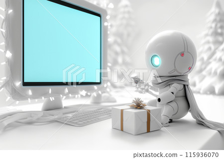 Futuristic scene with robot snowman with LED eyes and metal scarf on table against blank computer screen background, idea for Merry Christmas greetings Futuristic scene with robot snowman with LED eyes and metal scarf on table against blank computer screen background, idea for Merry Christmas greetings 115936070