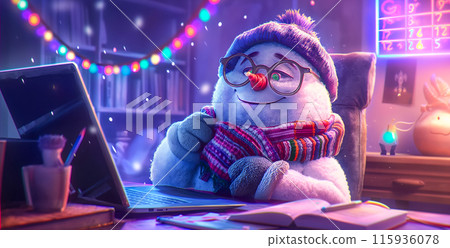 A whimsical watercolor illustration of a snowman-programmer in a cozy office, wearing a knitted scarf and glasses, working at a laptop, against the backdrop of flickering garlands 115936078