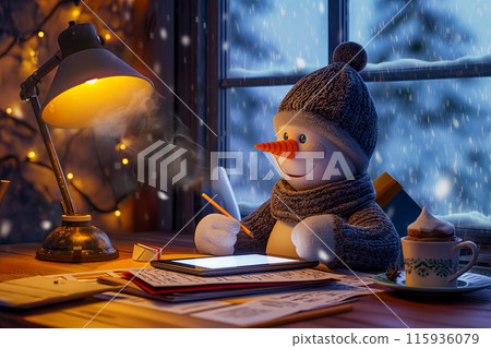 New Year card, 3D drawing of a snowman writing Merry Christmas greetings on a tablet with a stylus, next to a steaming mug of cocoa and marmalade 115936079