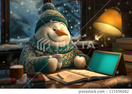Satisfied snowman in a cozy sweater with a mug of cocoa in his hand reading Christmas tales, an idea for a New Year's card or congratulations 115936082