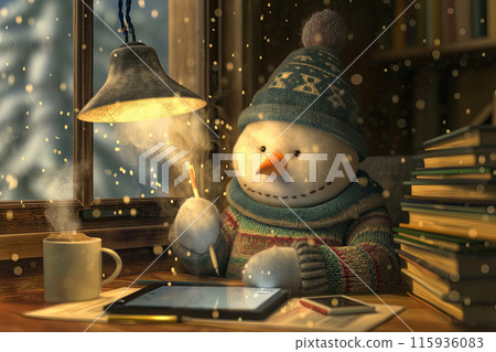 A snowman in a knitted sweater and hat writing a message on a tablet, next to a steaming mug of cocoa, an idea for a New Year's card A snowman in a knitted sweater and hat writing a message on a tablet, next to a steaming mug of cocoa, an idea for a New Year's card 115936083