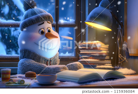 Cute snowman in a knitted sweater and hat reading fairy tales at the table in his office, next to a steaming mug of cocoa and Christmas cookies, drawing for a New Year card Cute snowman in a knitted sweater and hat reading fairy tales at the table in his office, next to a steaming mug of cocoa and Christmas cookies, drawing for a New Year card 115936084