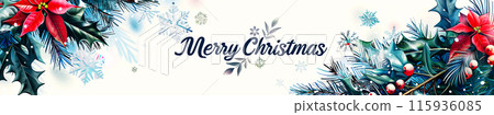 A drawing with the inscription Merry Christmas decorated with holly, a poinsettia flower, branches of a Christmas wreath woven around the card, a web banner idea for website design A drawing with the inscription Merry Christmas decorated with holly, a poinsettia flower, branches of a Christmas wreath woven around the card, a web banner idea for website design 115936085