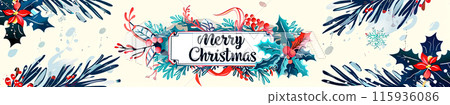 Watercolor web banner in retro style, decorated with holly, poinsettia flower, Christmas wreath branches woven around the card, the inscription "Merry Christmas" Watercolor web banner in retro style, decorated with holly, poinsettia flower, Christmas wreath branches woven around the card, the inscription "Merry Christmas" 115936086