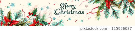 Retro style Christmas banner decorated with holly, poinsettia flower, Christmas wreath branches woven around the card, "Merry Christmas" inscription Retro style Christmas banner decorated with holly, poinsettia flower, Christmas wreath branches woven around the card, "Merry Christmas" inscription 115936087