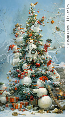Vertical card in vintage style with snowmen decorating the fir tree for Christmas, idea for a greeting card for the winter holidays 115936129
