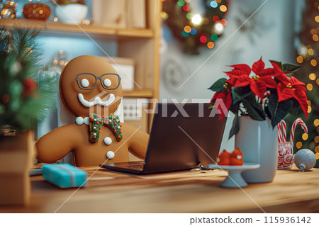 Gingerbread man programmer works in the office before Christmas, there is a pot of Poinsettia flower and candy canes on the table, an idea for a Christmas card Gingerbread man programmer works in the office before Christmas, there is a pot of Poinsettia flower and candy canes on the table, an idea for a Christmas card 115936142