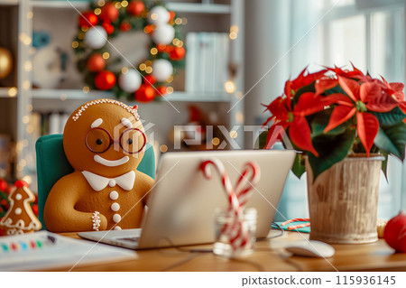 Postcard with gingerbread man in glasses working as a programmer, office decorated with holly and Christmas wreath, idea for Merry Christmas and New Year greetings Postcard with gingerbread man in glasses working as a programmer, office decorated with holly and Christmas wreath, idea for Merry Christmas and New Year greetings 115936145