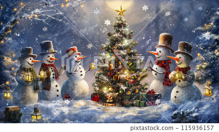 Poster with snowmen around a decorated fir tree in the forest, idea for a retro style greeting card for Merry Christmas and Happy New Year Poster with snowmen around a decorated fir tree in the forest, idea for a retro style greeting card for Merry Christmas and Happy New Year 115936157