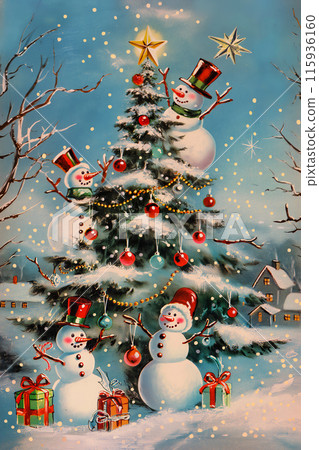 Cheerful snowmen decorate fir trees with a Christmas star, an idea for a retro style greeting card for Merry Christmas and Happy New Year Cheerful snowmen decorate fir trees with a Christmas star, an idea for a retro style greeting card for Merry Christmas and Happy New Year 115936160