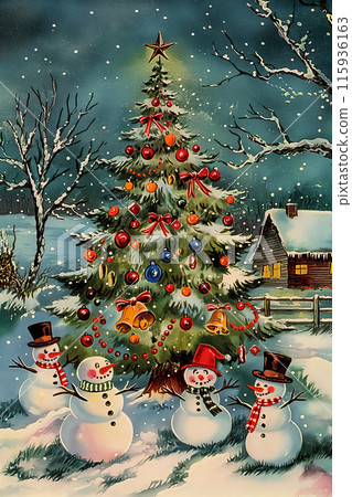 Greeting card with a retro style drawing of funny snowmen around a Christmas tree, an idea for Merry Christmas and Happy New Year Greeting card with a retro style drawing of funny snowmen around a Christmas tree, an idea for Merry Christmas and Happy New Year 115936163