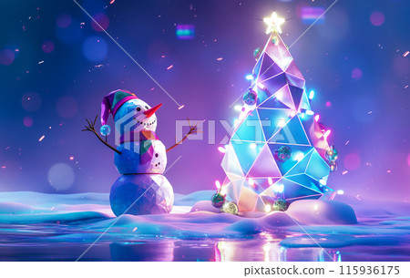 Christmas greeting card, tree made of neon glowing geometric halographic shapes and reflective surfaces, next to a happy snowman, New Year card idea Christmas greeting card, tree made of neon glowing geometric halographic shapes and reflective surfaces, next to a happy snowman, New Year card idea 115936175