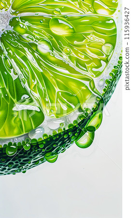 Close-up drawing of half a lime with drops of juice on the edge of the slice, bright green shades and delicate citrus texture idea for background or screensaver Close-up drawing of half a lime with drops of juice on the edge of the slice, bright green shades and delicate citrus texture idea for background or screensaver 115936427