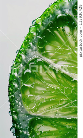Drawing of a lime wedge in drops of water on a white background, close-up, idea for a poster or screen saver 115936429