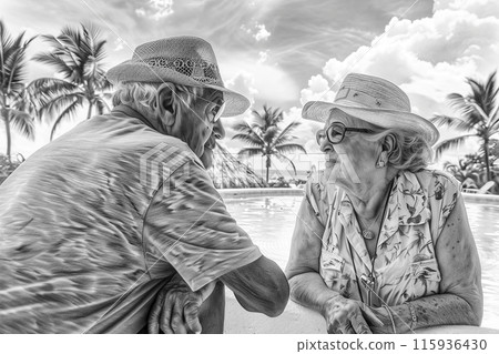 An elderly married couple is talking in the shade of a palm tree near the pool, a black and white drawing and advertisement for a vacation at a tropical resort, caring for older people An elderly married couple is talking in the shade of a palm tree near the pool, a black and white drawing and advertisement for a vacation at a tropical resort, caring for older people 115936430