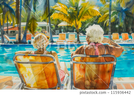Relaxing holiday by the pool, elderly couple of girlfriends casually talking by the pool while sitting in sun loungers and enjoying their vacation, view from the back, active aging poster 115936442