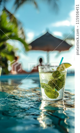 A chilled glass of mojito with fresh lime and mint on the edge of the pool, tropical background with palm trees and clear blue water creates the perfect summer vacation atmosphere 115936451