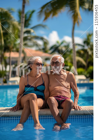 Vertical portrait of an elderly couple enjoying a sunny day by the pool at a tropical resort, they sit on the edge of the pool with their feet in the water 115936455
