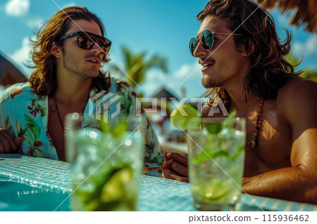 Friends talking at the bar, glasses of mojito standing next to them, enjoying their vacation and meeting new people 115936462