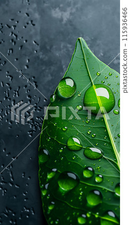 Vertical poster with leaf of a lime tree in drops of water on a dark gray background, advertising fresh ingredients for mojitos and refreshing cocktails, screensaver for a phone Vertical poster with leaf of a lime tree in drops of water on a dark gray background, advertising fresh ingredients for mojitos and refreshing cocktails, screensaver for a phone 115936466
